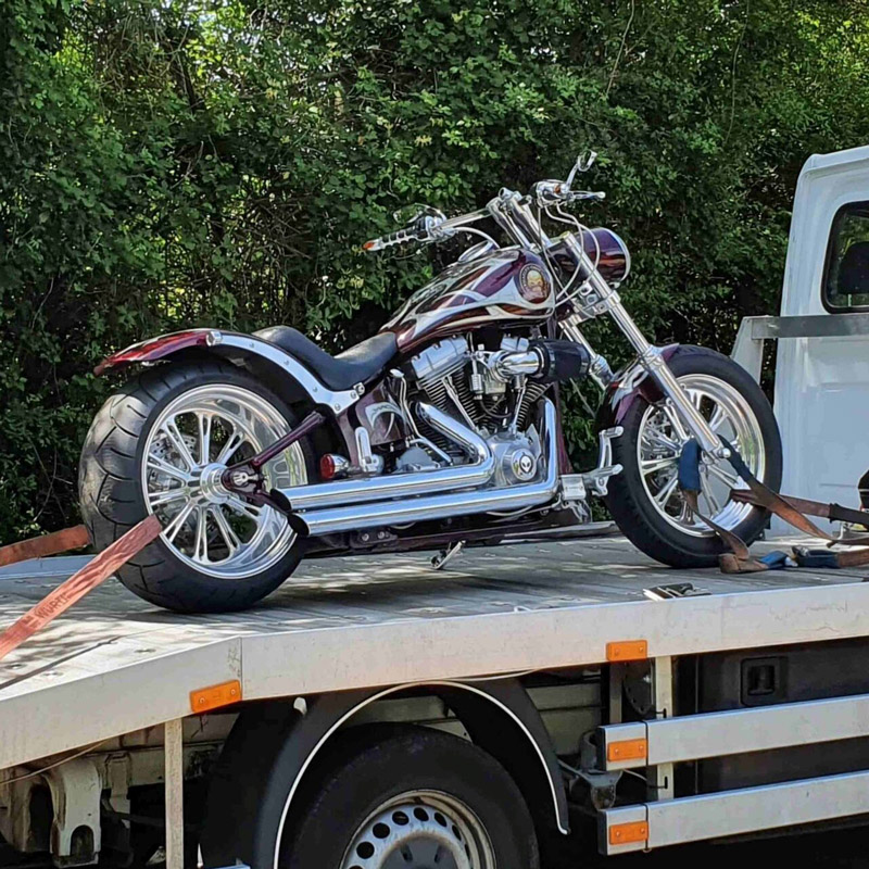 Harley Davidon on the back of motorcycle transporter
